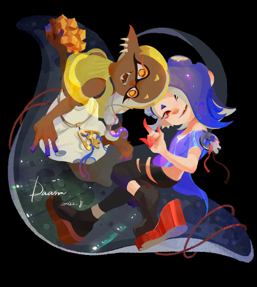 1boy, 2022, 2girls, :d, absurdres, artist_name, barefoot, big_man_(splatoon)