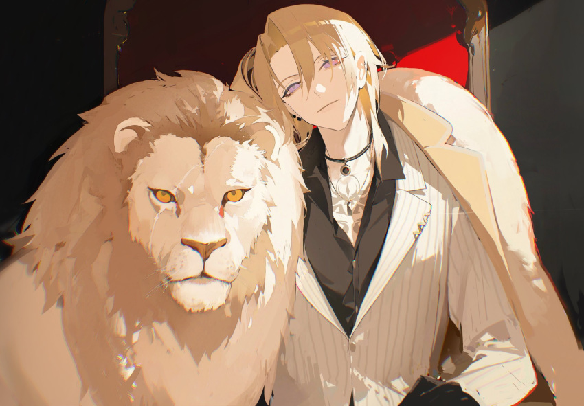 1boy, asymmetrical_earrings, bangs, black_gloves, black_shirt, blazer, blonde_hair, blue_eyes