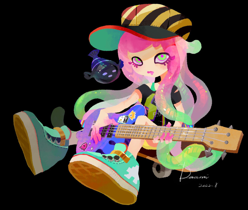 1girl, 2022, aqua_footwear, artist_name, baseball_cap, black_background, black_shirt, clownfish