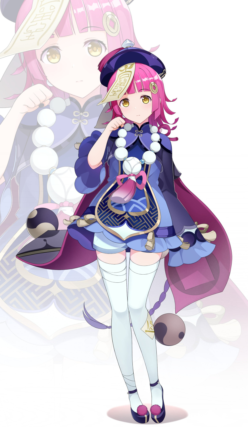 1girl, absurdres, ankle_strap, asymmetrical_legwear, bangs, bead_necklace, beads, blunt_bangs, blunt_ends, chinese_clothes, clenched_hand, contrapposto, cosplay, dress, english_commentary, expressionless, full_body, genshin_impact, hand_up, hat, highres, jewelry, long_sleeves, looking_at_viewer, love_live!, love_live!_nijigasaki_high_school_idol_club, medium_hair, mismatched_legwear, necklace, pink_hair, pom_pom_(clothes), prayer_beads, purple_dress, purple_footwear, purple_headwear, qing_guanmao, qiqi_(genshin_impact)_(cosplay), short_dress, sleeves_past_fingers, sleeves_past_wrists, solo, standing, talisman, tennoji_rina, thigh-highs, white_thighhighs, wide_sleeves, yellow_eyes, yisusjpl, zoom_layer