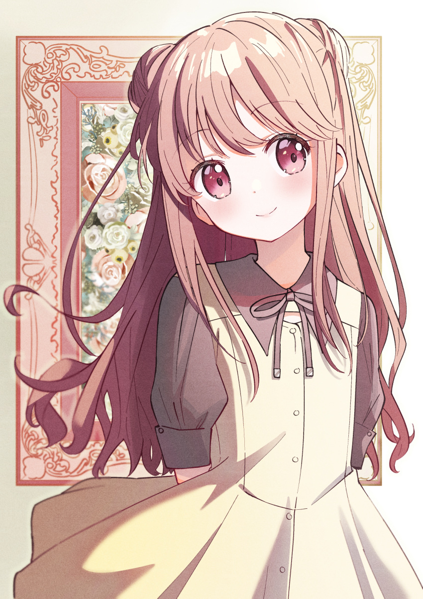1boy, arms_behind_back, bangs, blush, brown_hair, crossdressing, double_bun, dress, flower, grey_shirt, hair_bun, head_tilt, highres, long_hair, male_focus, original, otoko_no_ko, painting_(object), picture_frame, pleated_dress, ribbon, rinkarinne, shirt, short_sleeves, smile, solo, standing, upper_body, violet_eyes, yellow_dress