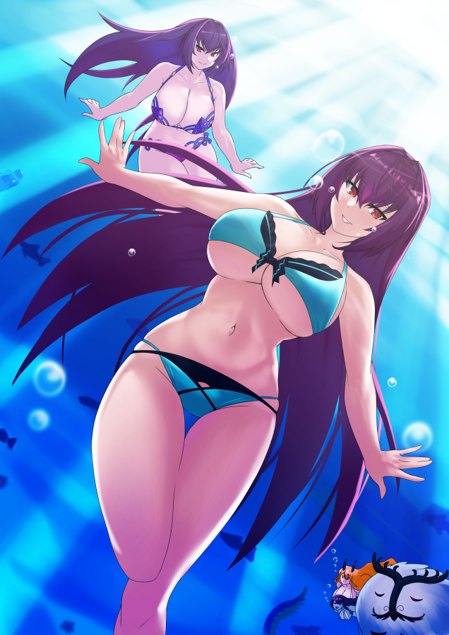 4girls, air_bubble, aqua_bikini, bikini, blonde_hair, bracelet, breasts, bridal_garter
