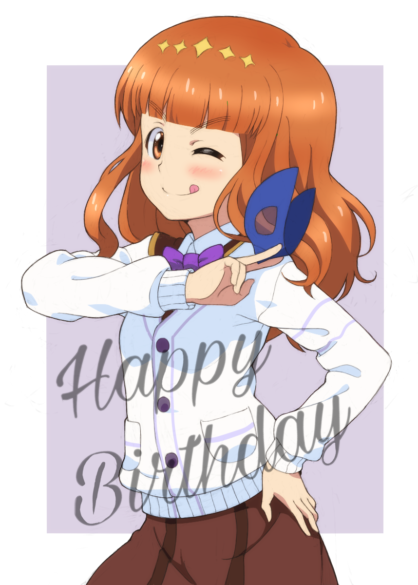 1girl, ;q, bangs, blunt_bangs, bow, bowtie, brown_sailor_collar, cardigan