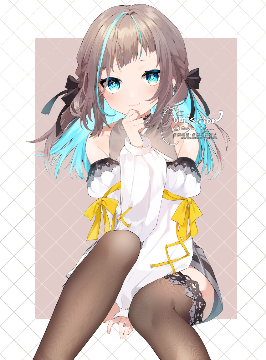 absurdres, arm_between_legs, bare_shoulders, black_bow, blue_eyes, blue_hair, blush, bow
