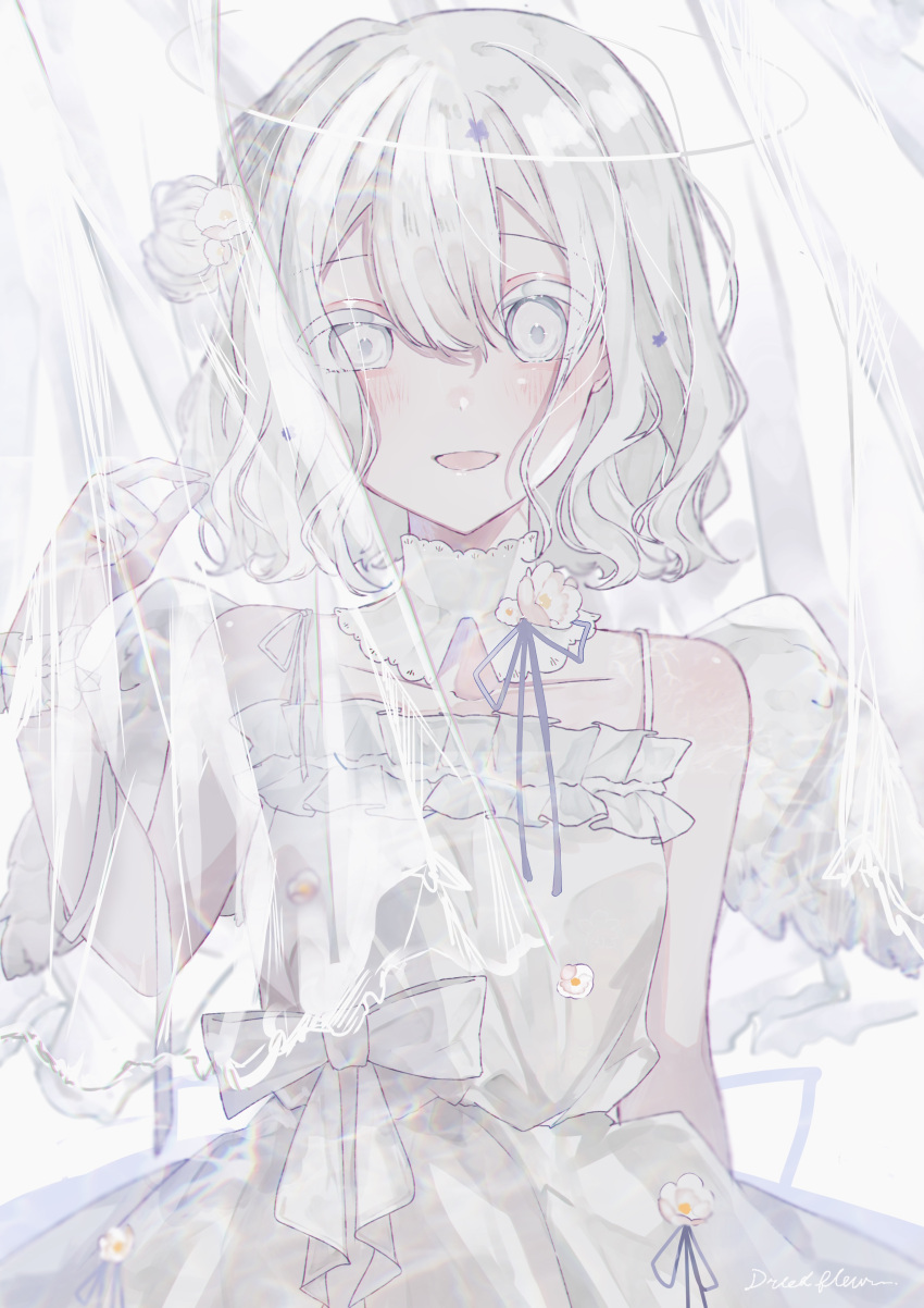 1girl, :d, absurdres, angel, angel_wings, artist_name, bangs, bare_shoulders