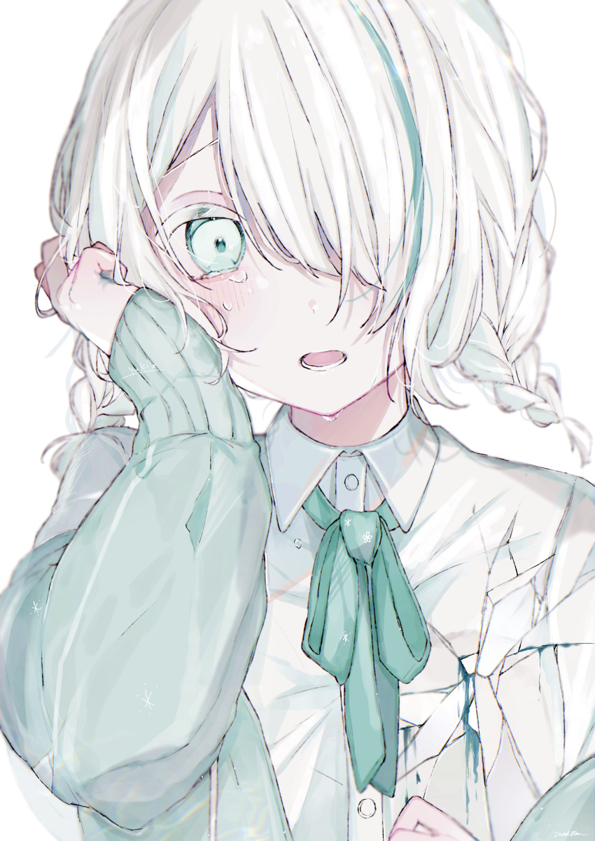 1girl, absurdres, asymmetrical_bangs, bangs, bow, bowtie, braid, buttons