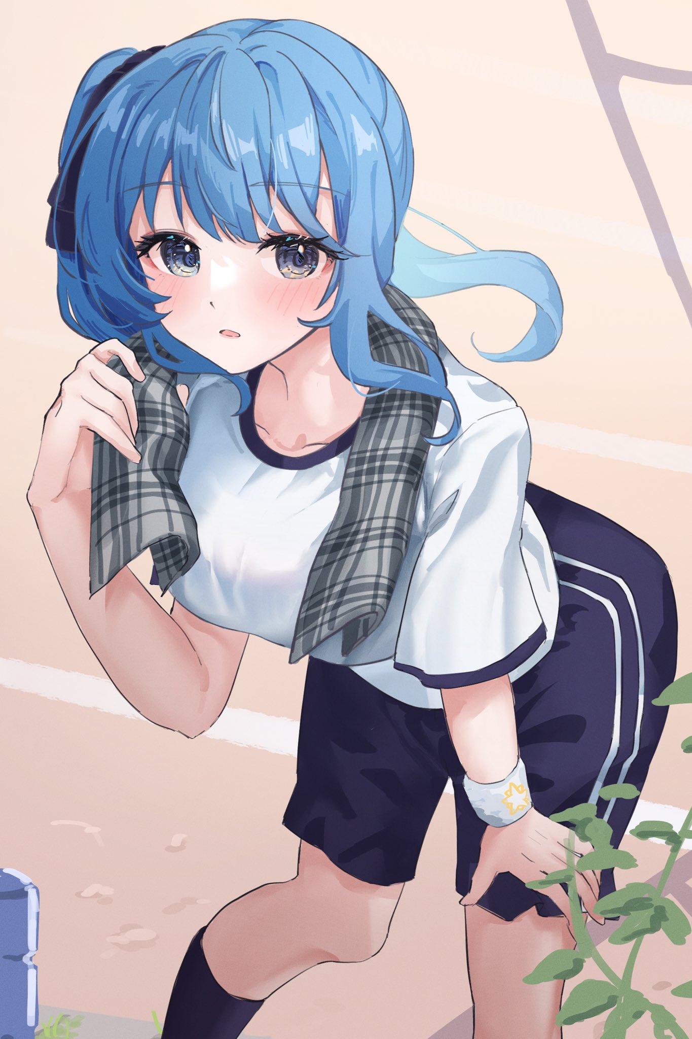 1girl, alternate_breast_size, alternate_costume, asymmetrical_hair, black_shorts, black_socks, blue_eyes, blush