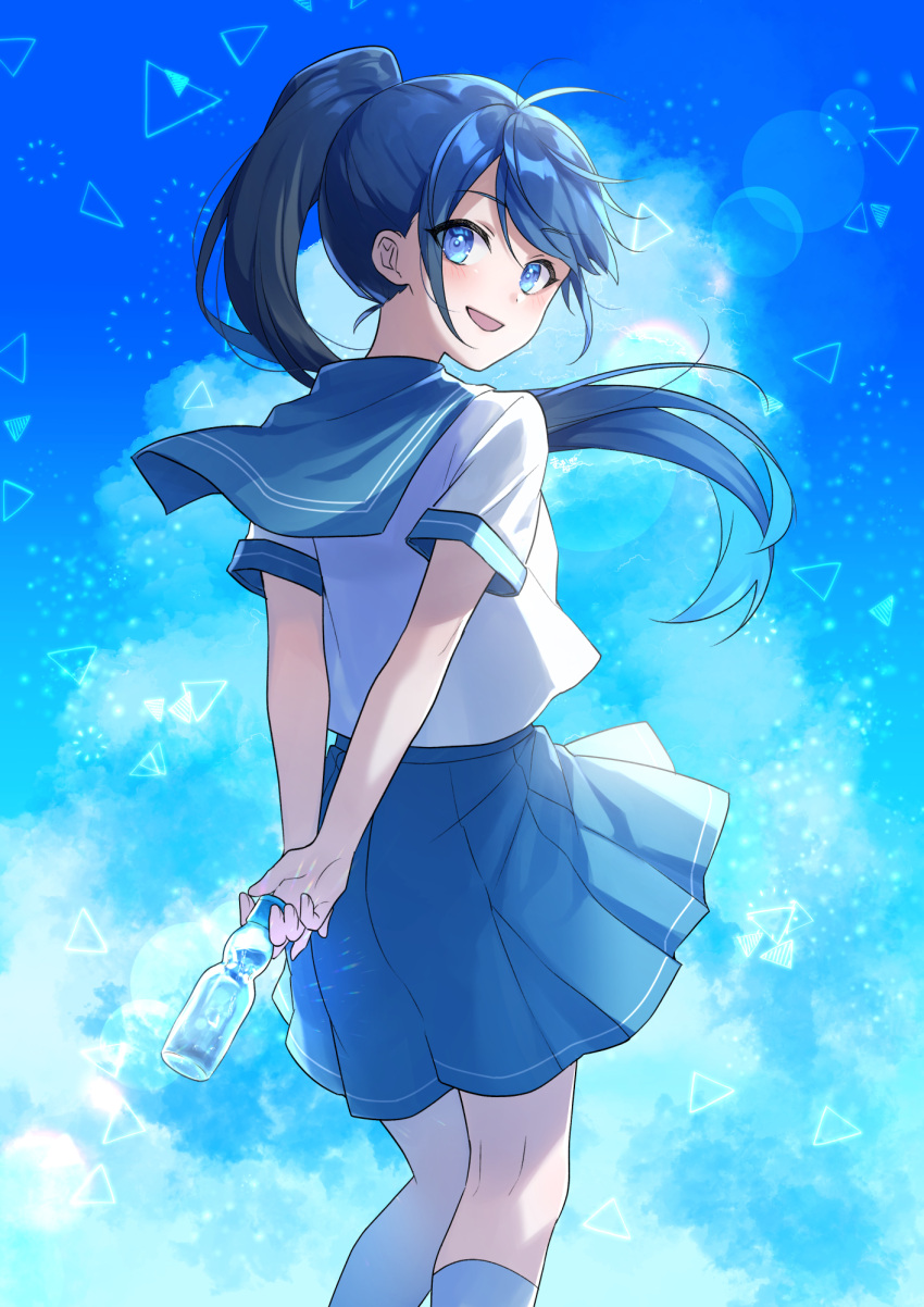 1girl, :o, arms_behind_back, bangs, blue_eyes, blue_hair, blue_sailor_collar, blue_skirt