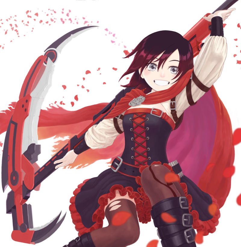 1girl, amuno, arm_up, bangs, black_footwear, black_skirt, blurry, blurry_foreground, boots, brown_hair, brown_thighhighs, bustier, crescent_rose, frilled_skirt, frills, green_eyes, grin, hair_between_eyes, holding, holding_scythe, knee_boots, long_sleeves, looking_at_viewer, miniskirt, outstretched_arms, petals, ruby_rose, rwby, scythe, shiny, shiny_hair, short_hair, shrug_(clothing), skirt, smile, solo, thigh-highs, torn_thighhighs, white_background
