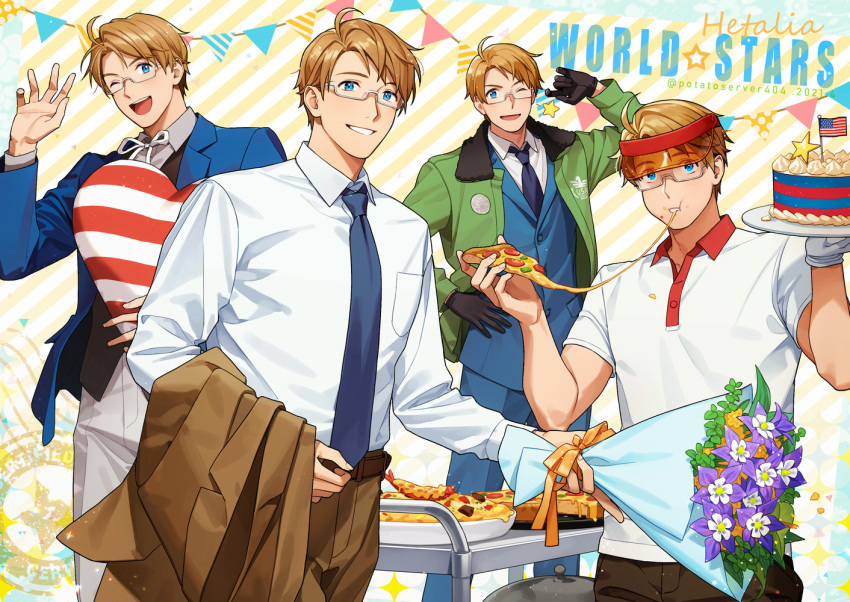 4boys, ;d, \m/, ahoge, america_(hetalia), american_flag, axis_powers_hetalia, blonde_hair
