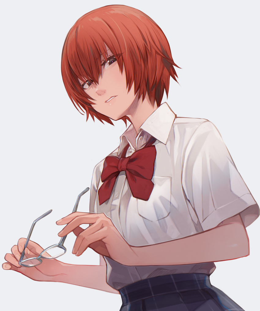 1girl, aku_no_hana, bow, eyewear_removed, glasses, highres, looking_at_viewer, nakamura_sawa