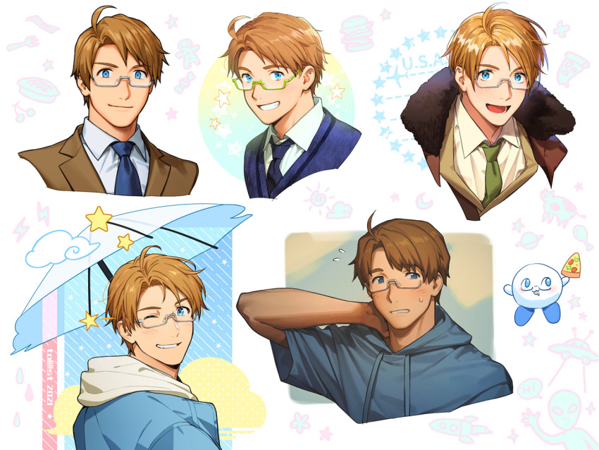 1boy, :d, ahoge, alternate_costume, america_(hetalia), arm_behind_head, axis_powers_hetalia, blonde_hair