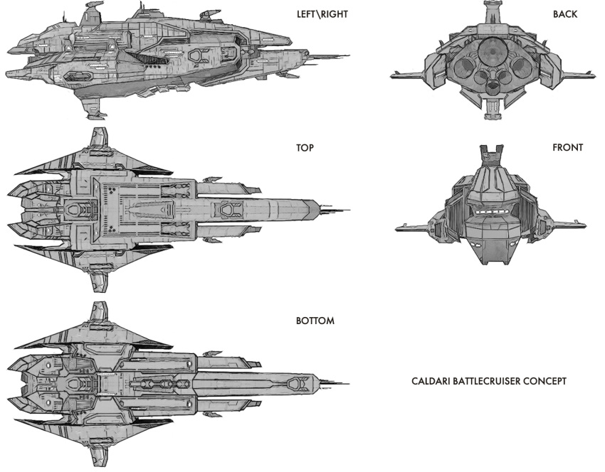 battlecruiser, caldari_state_(eve_online), commentary, concept_art, english_text, eve_online, from_above, from_behind