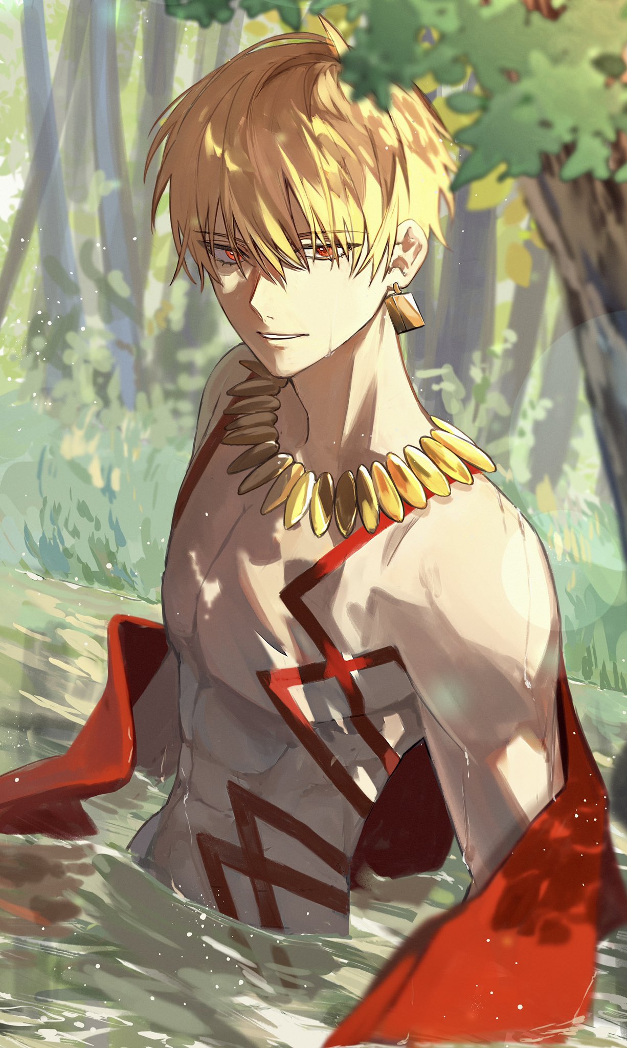 1boy, abs, bangs, blonde_hair, chest_tattoo, commentary_request, earrings, fate/extella