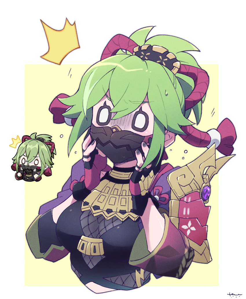 1girl, ^^^, armor, black_gloves, black_shirt, fingerless_gloves, fishnets, genshin_impact