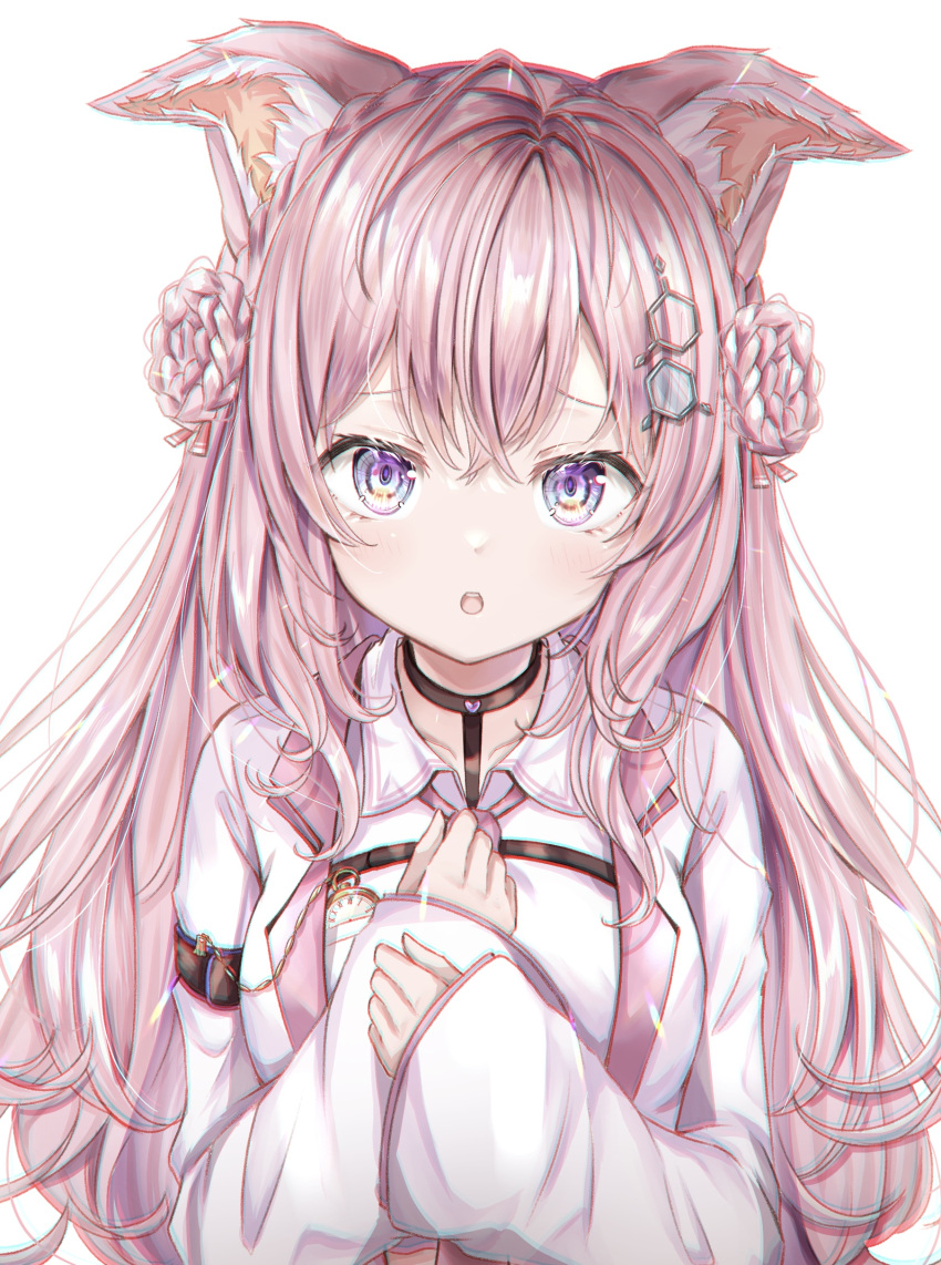 1girl, absurdres, animal_ear_fluff, animal_ears, breasts, coyote_ears, coyote_girl, ears_down, hakui_koyori, highres, hololive, jacket, large_breasts, long_hair, looking_at_viewer, multicolored_eyes, open_clothes, open_jacket, pink_hair, ukiukikiwi2525, virtual_youtuber, white_jacket