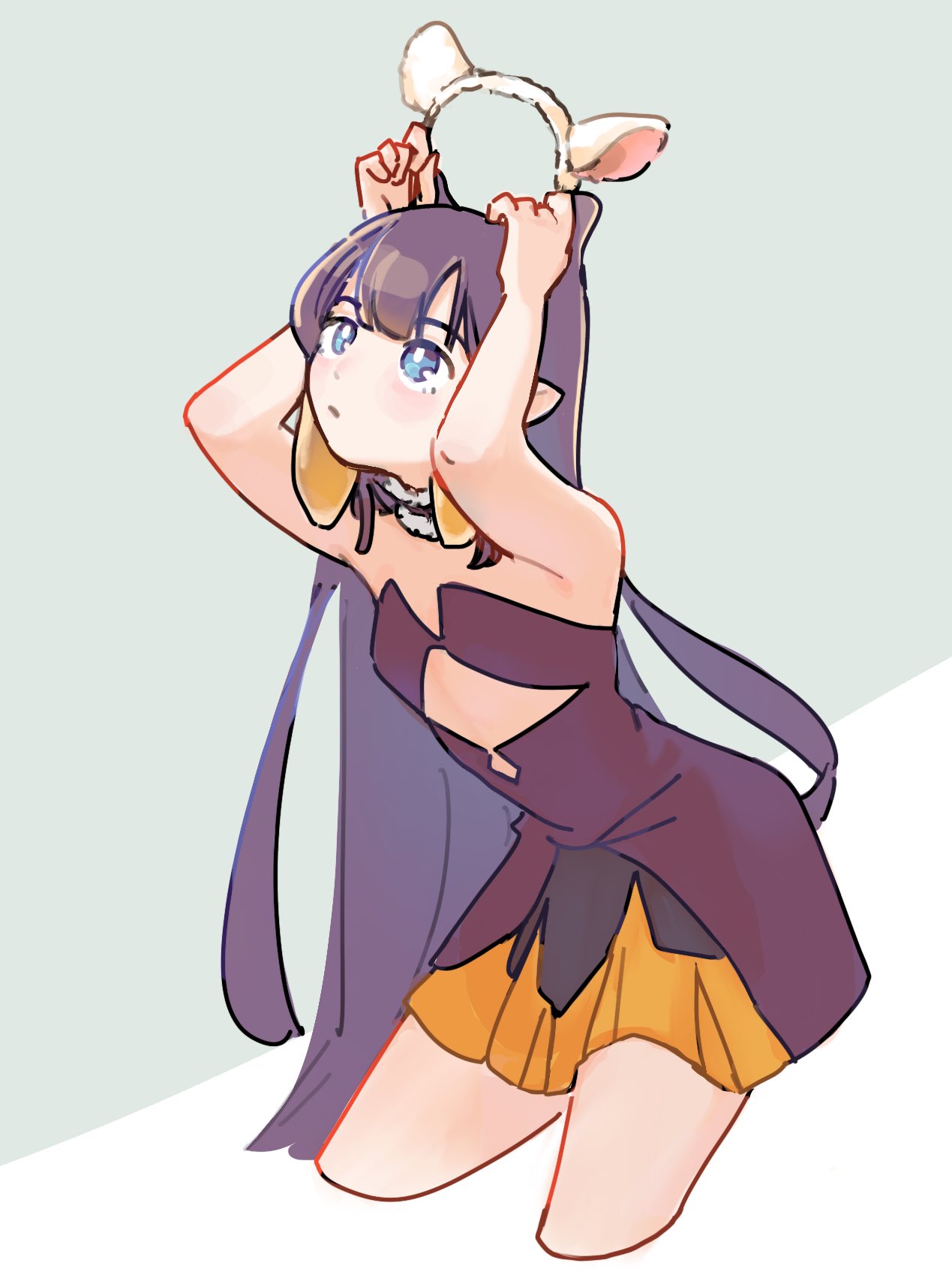 1girl, animal_ears, bangs, bare_arms, bare_shoulders, blue_eyes, blush, breasts, closed_mouth, cropped_legs, cult_of_the_lamb, dress, fake_animal_ears, grey_background, highres, hololive, hololive_english, long_hair, looking_up, mantou_kyn, ninomae_ina'nis, orange_dress, purple_hair, sheep_ears, small_breasts, tentacle_hair, virtual_youtuber