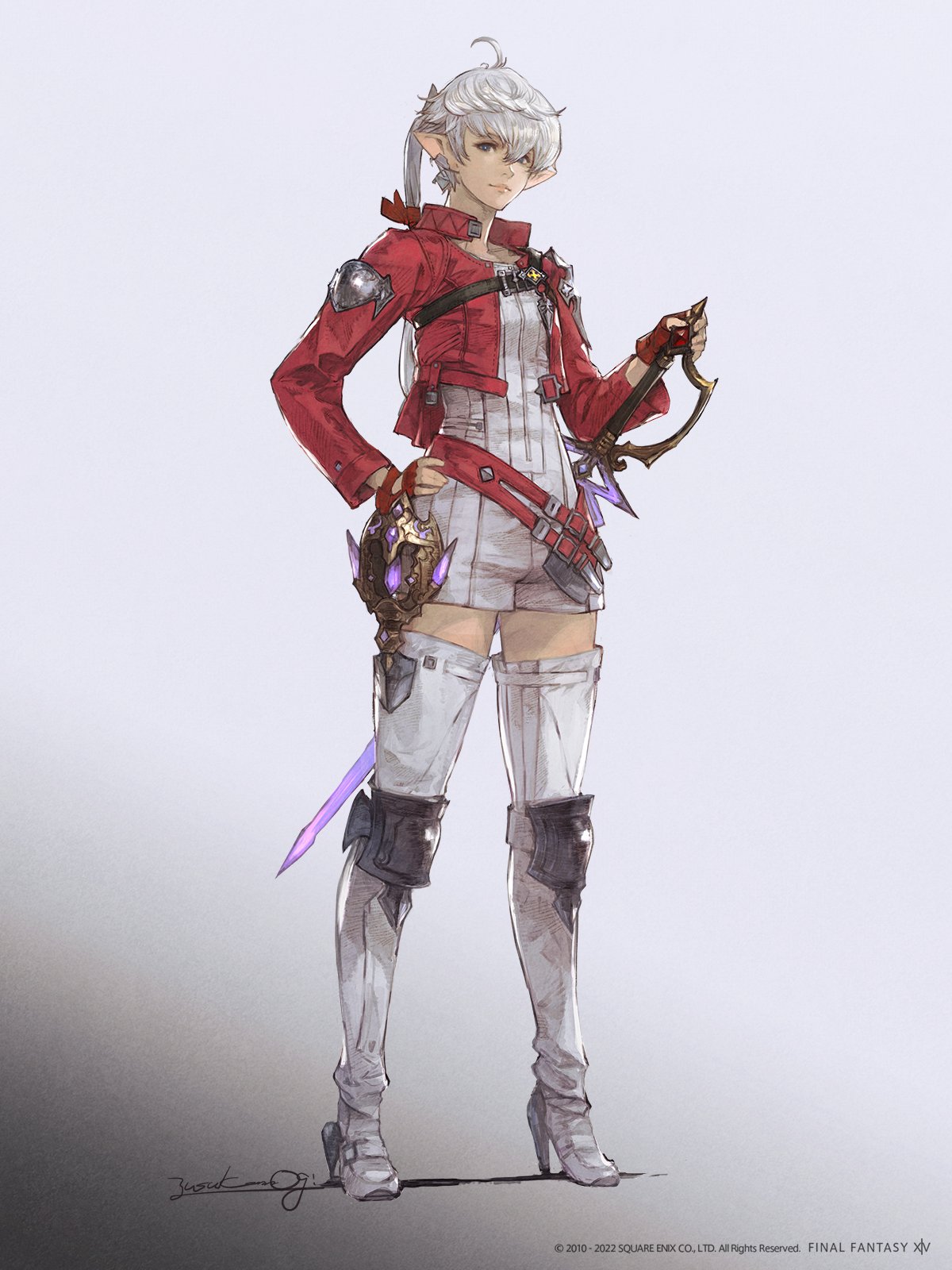 1girl, ahoge, alisaie_leveilleur, artist_name, bangs, blue_eyes, boots, chest_belt, collared_jacket, commentary, company_name, copyright, copyright_name, cropped_jacket, earclip, earrings, elezen, elf, english_commentary, final_fantasy, final_fantasy_xiv, fingerless_gloves, full_body, gloves, gradient, gradient_background, grey_hair, hair_ribbon, hand_on_hip, hatching_(texture), high_heel_boots, high_heels, highres, holding, holding_sword, holding_weapon, jacket, jewelry, knee_pads, long_hair, long_sleeves, looking_at_viewer, mogi_yuusuke, official_art, pointy_ears, ponytail, red_gloves, red_jacket, red_mage, ribbon, romper, signature, simple_background, single_earring, smile, solo, standing, sword, thigh_boots, weapon, white_background, white_footwear, white_romper