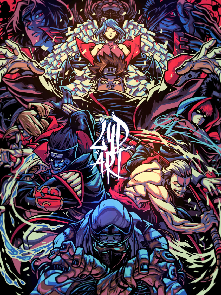 1girl, 6+boys, absurdres, akatsuki_uniform, bad_link, black_hair, blonde_hair, blue_hair, blue_skin, breasts, brown_hair, colored_skin, deidara_(naruto), extra_mouth, forehead_protector, grin, hidan_(naruto), highres, hoshigaki_kisame, kakuzu_(naruto), konan_(naruto), large_breasts, lydart_mclo, multiple_boys, naruto, naruto_(series), naruto_shippuuden, ninja, pain_(naruto), red_eyes, redhead, removing_mask, sasori_(naruto), scythe, signature, smile, tobi_(naruto), tongue, tongue_out, topless_male, uchiha_itachi, white_hair, zetsu_(naruto)