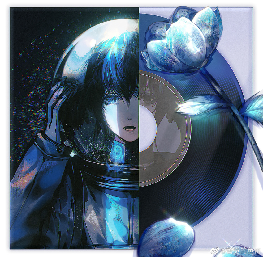 1girl, alternate_costume, bangs, bird_wings, blue_eyes, blue_flower, blue_hair, border