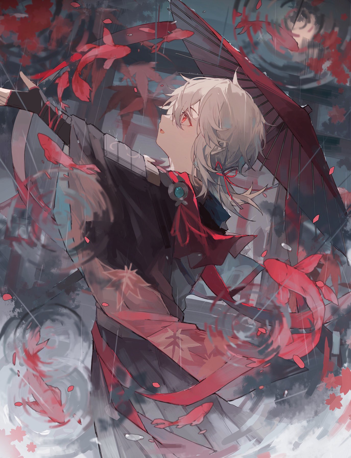 1boy, arm_up, asymmetrical_sleeves, bandaged_hand, bandages, bangs, black_gloves, black_shorts