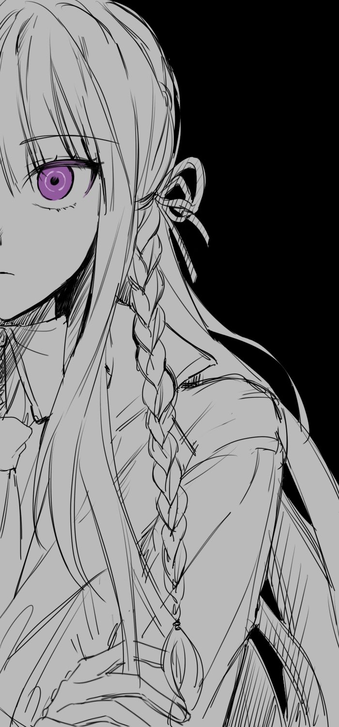 1girl, bangs, black_background, braid, closed_mouth, collared_shirt, danganronpa:_trigger_happy_havoc, danganronpa_(series), gloves, hair_ribbon, heum_(yeojajoareally), highres, jacket, kirigiri_kyouko, long_hair, necktie, ribbon, shirt, side_braid, simple_background, solo, spot_color