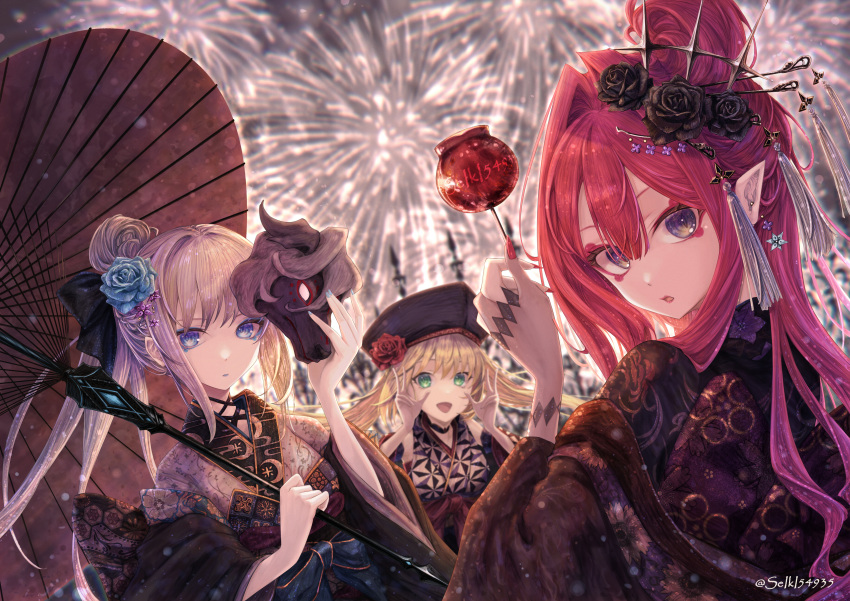 3girls, absurdres, apple, artoria_caster_(fate), artoria_caster_(springtime_koto_strings)_(fate), artoria_pendragon_(fate), beret, black_bow