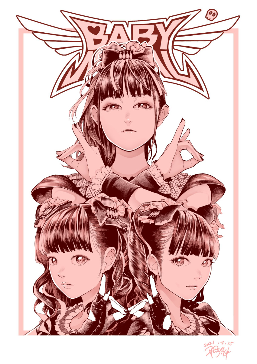 3girls, babymetal, bangs, border, copyright_name, dated, expressionless, hair_behind_ear