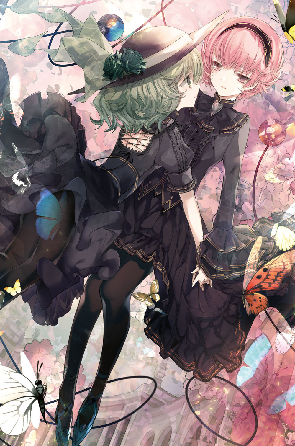 2girls, album_cover, alternate_costume, arch, back_cutout, bad_id, bad_twitter_id, black_dress