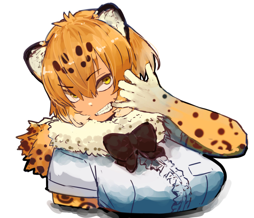 1girl, adeshi_(adeshi0693119), animal_ears, animal_print, arm_up, bangs, black_bow, bow