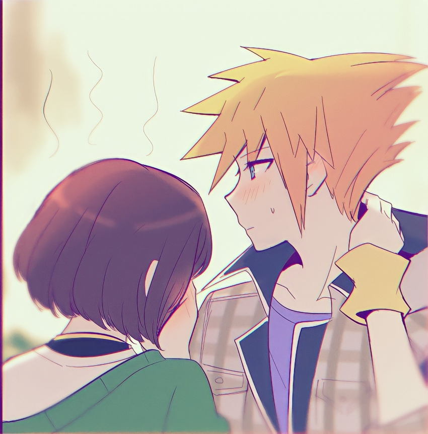 1boy, 1girl, altorav, blue_eyes, blurry, blurry_background, blush, brown_hair