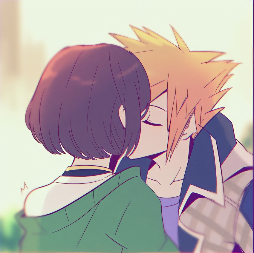 1boy, 1girl, altorav, blurry, blurry_background, brown_hair, closed_eyes, facing_another