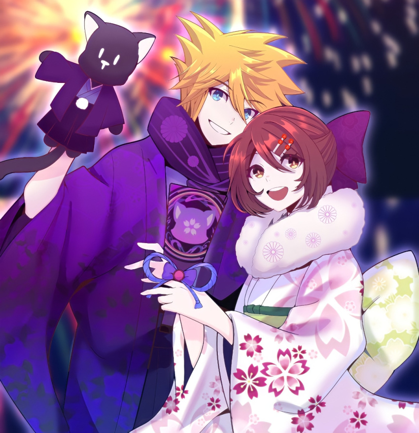 1boy, 1girl, :d, aerial_fireworks, altorav, blonde_hair, blue_kimono, blurry, blurry_background, bow, brown_eyes, brown_hair, fireworks, floral_print, fur_scarf, hair_between_eyes, hair_bow, hair_ornament, hairclip, hand_puppet, hetero, japanese_clothes, kimono, misaki_shiki, night, nyantan, outdoors, puppet, sakuraba_neku, short_hair, smile, spiky_hair, spoilers, standing, subarashiki_kono_sekai, wide_sleeves