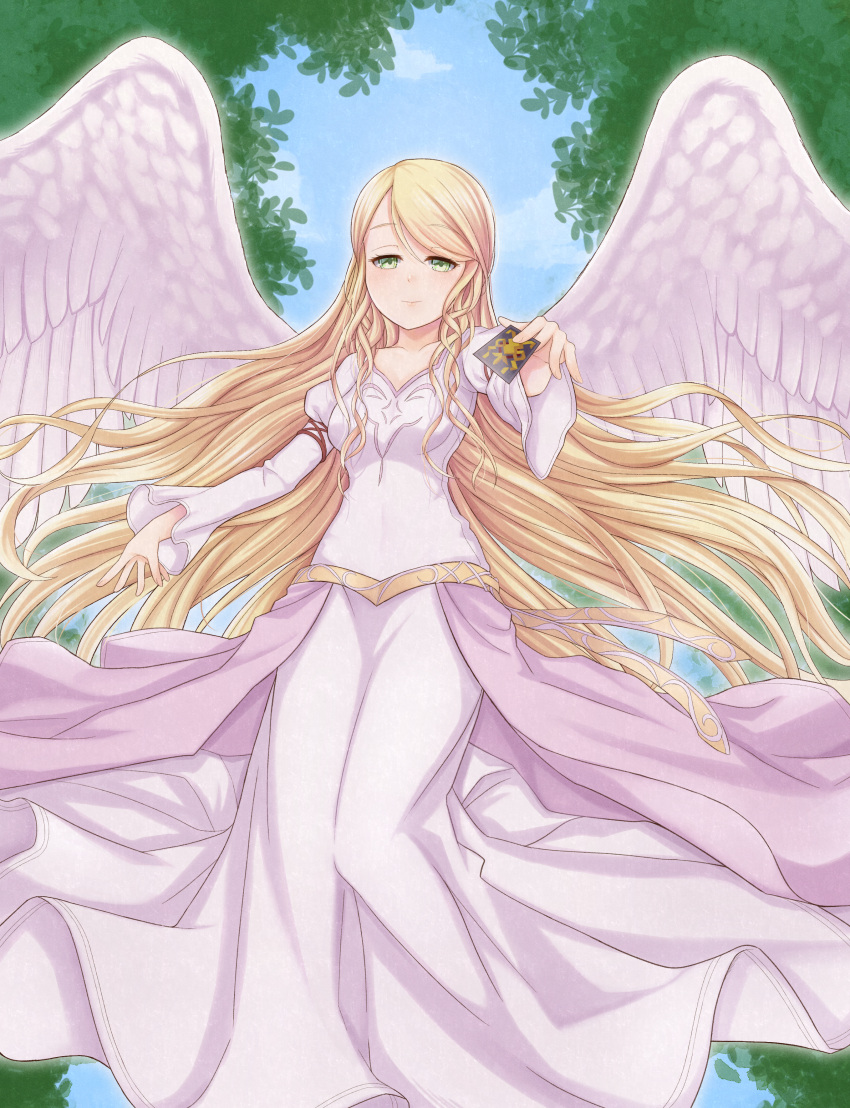 1girl, absurdres, atorie, bird, blonde_hair, card, dress, fire_emblem