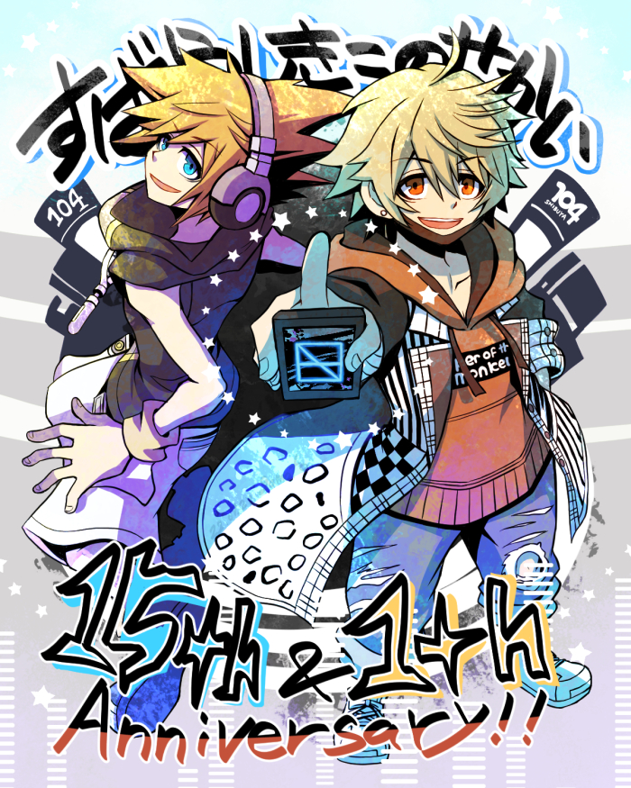 2boys, :d, ahoge, anniversary, blonde_hair, blue_eyes, denim, earrings