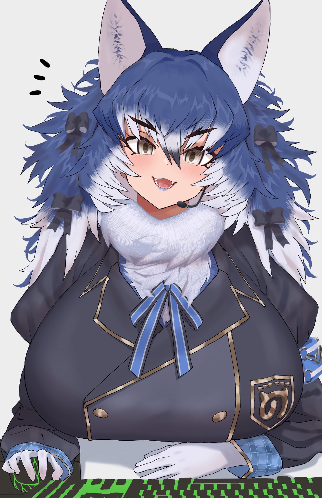1girl, animal_costume, animal_ear_fluff, animal_ears, blazer, blue_hair, breasts, dire_wolf_(kemono_friends)