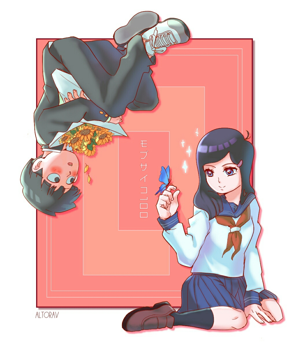1boy, 1girl, altorav, artist_name, black_eyes, black_hair, black_pants, blue_butterfly