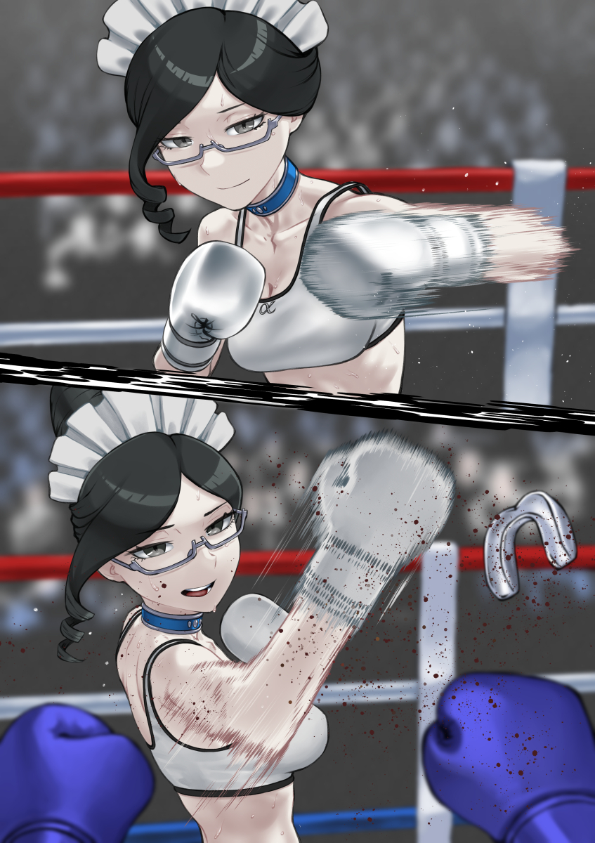 1girl, black_hair, blood, blood_splatter, boxing, boxing_gloves, boxing_ring, choker