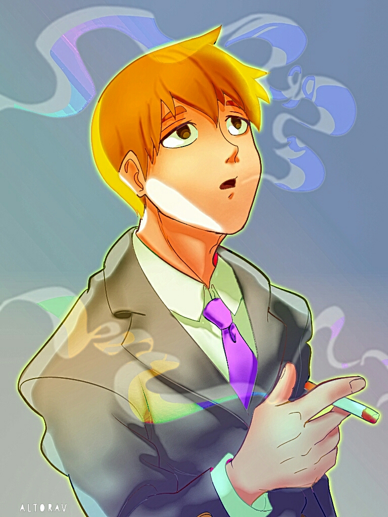 1boy, altorav, artist_name, blonde_hair, brown_eyes, cigarette, formal, gradient