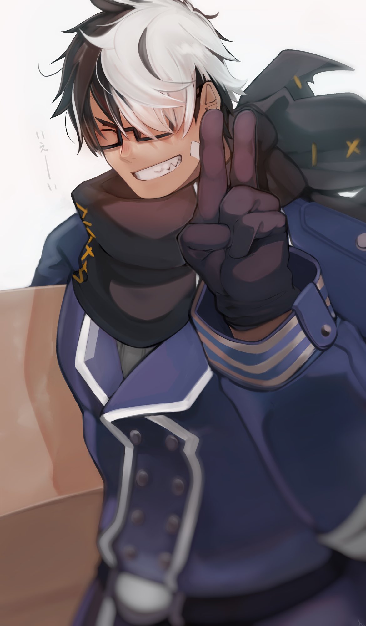 1boy, another_eidos-r, bandaid, bandaid_on_cheek, bandaid_on_face, bangs, black_gloves, black_scarf, blue_jacket, box, closed_eyes, crow_(siranui), glasses, gloves, highres, holding, holding_box, jacket, male_focus, multicolored_hair, scarf, short_hair, smile, solo, teeth, thorkell_(another_eidos), two-tone_hair, upper_body, v
