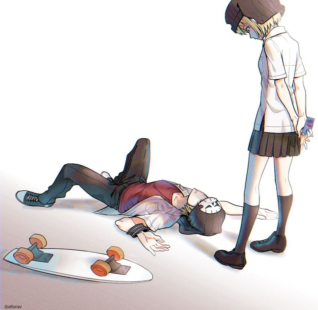 1boy, 1girl, altorav, bitou_daisukenojou, bitou_raimu, black_footwear, black_headwear, black_pants