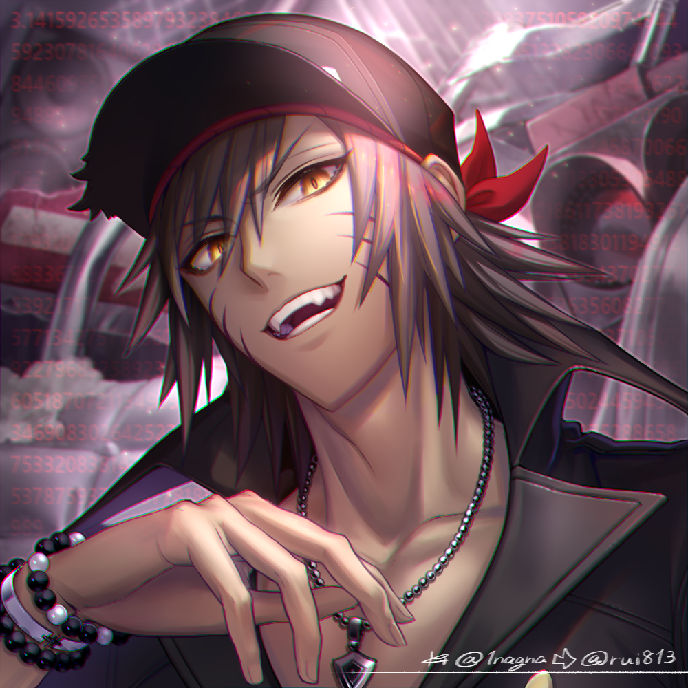 1boy, :d, artist_name, bead_bracelet, beads, black_hair, black_headwear, black_jacket