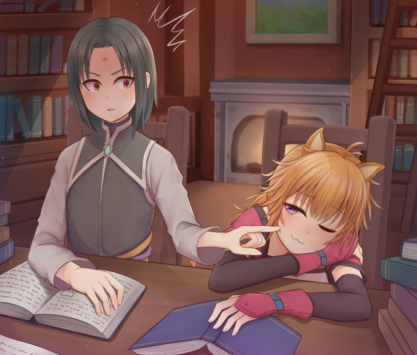 absurdres, atorie, blush, bookshelf, cat_girl, cheek_poking, fire_emblem, fire_emblem:_radiant_dawn