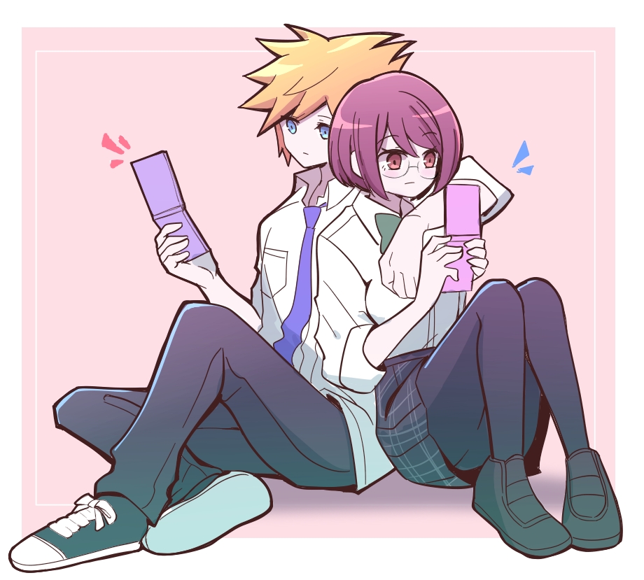 1boy, 1girl, altorav, arm_around_shoulder, black_footwear, black_pantyhose, black_skirt, blonde_hair, blue_eyes, bow, bowtie, brown_eyes, brown_hair, cellphone, flip_phone, full_body, glasses, green_bow, green_bowtie, hetero, holding, holding_phone, knees_up, misaki_shiki, necktie, pantyhose, phone, pink_background, plaid, plaid_skirt, sakuraba_neku, school_uniform, shin_subarashiki_kono_sekai, shirt, shoes, simple_background, sitting, skirt, sneakers, subarashiki_kono_sekai, white_shirt