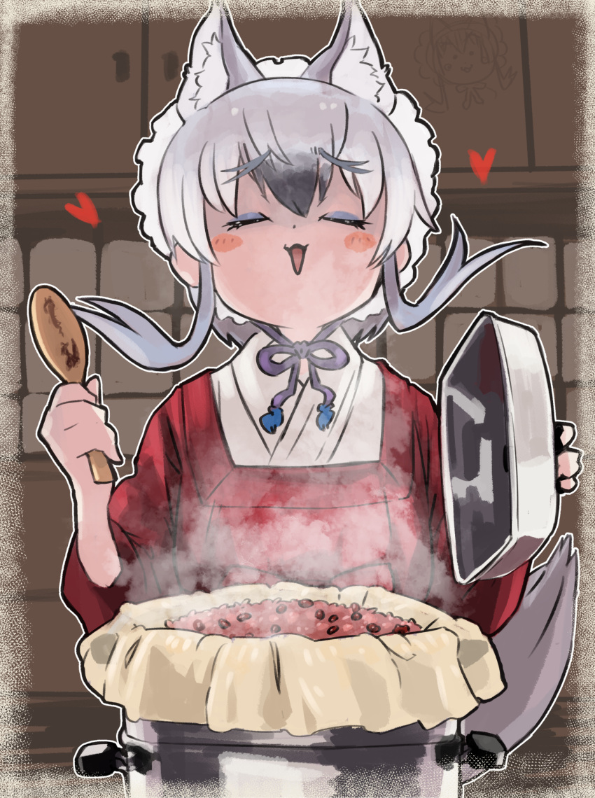1girl, :3, absurdres, alternate_costume, animal_ears, apron, beans, blue_bow