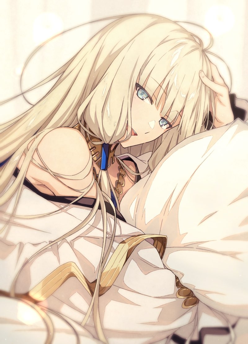 1boy, :d, bangs, bare_shoulders, blonde_hair, blue_eyes, commentary_request, fate/grand_order
