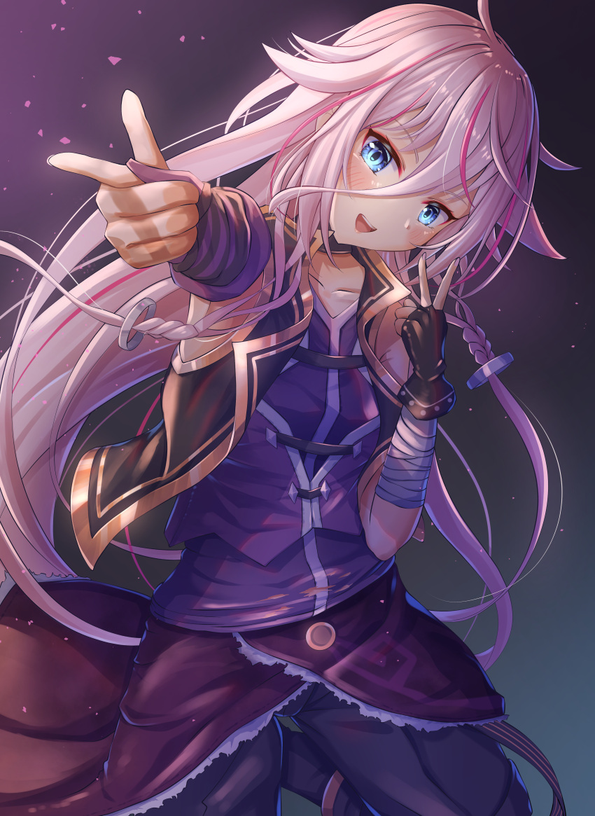 1girl, absurdres, ahoge, arm_warmers, bandaged_arm, bandages, black_jacket, blue_eyes, cevio, choker, collarbone, commentary, cosplay, cowboy_shot, finger_gun, fingerless_gloves, flower_(vocaloid), flower_(vocaloid4), flower_(vocaloid4)_(cosplay), foreshortening, gloves, gold_trim, hair_flaps, hatyomugi00, head_tilt, highres, ia_(vocaloid), jacket, light_blush, long_hair, looking_at_viewer, open_mouth, pink_hair, purple_shirt, purple_shorts, purple_skirt, purple_vest, shirt, shorts, single_arm_warmer, single_glove, skirt, sleeveless, sleeveless_jacket, sleeveless_shirt, smile, solo, standing, v, very_long_hair, vest, vocaloid