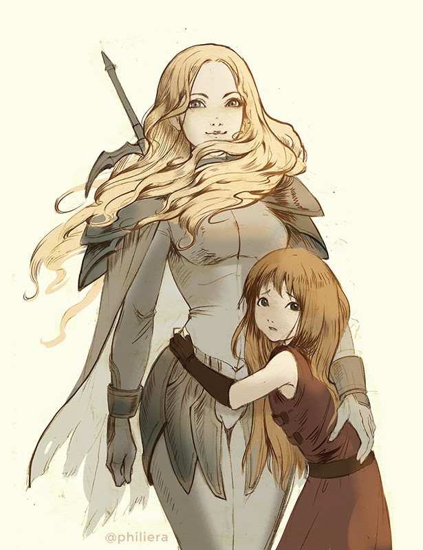 2girls, black_eyes, blonde_hair, blue_eyes, bodysuit, breasts, brown_hair, clare_(claymore)