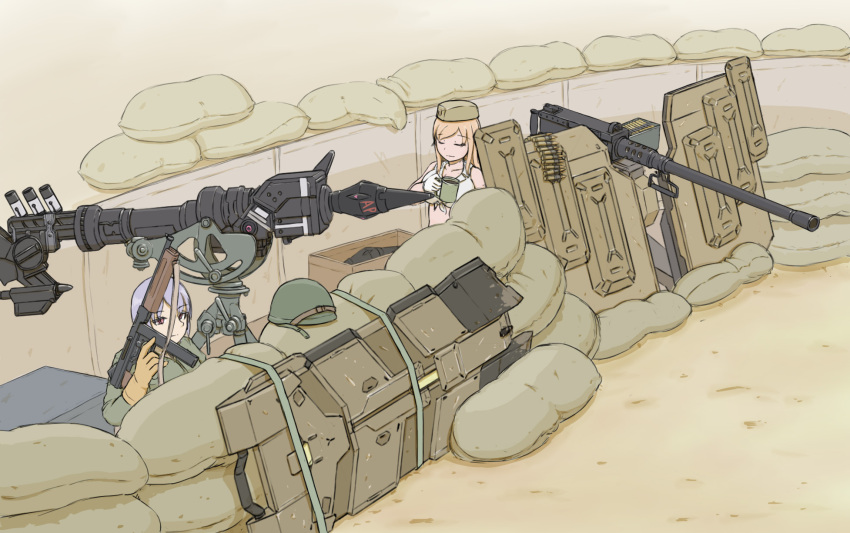 2girls, alternate_costume, awsaedmd, bangs, blonde_hair, breasts, browning_m2, closed_eyes