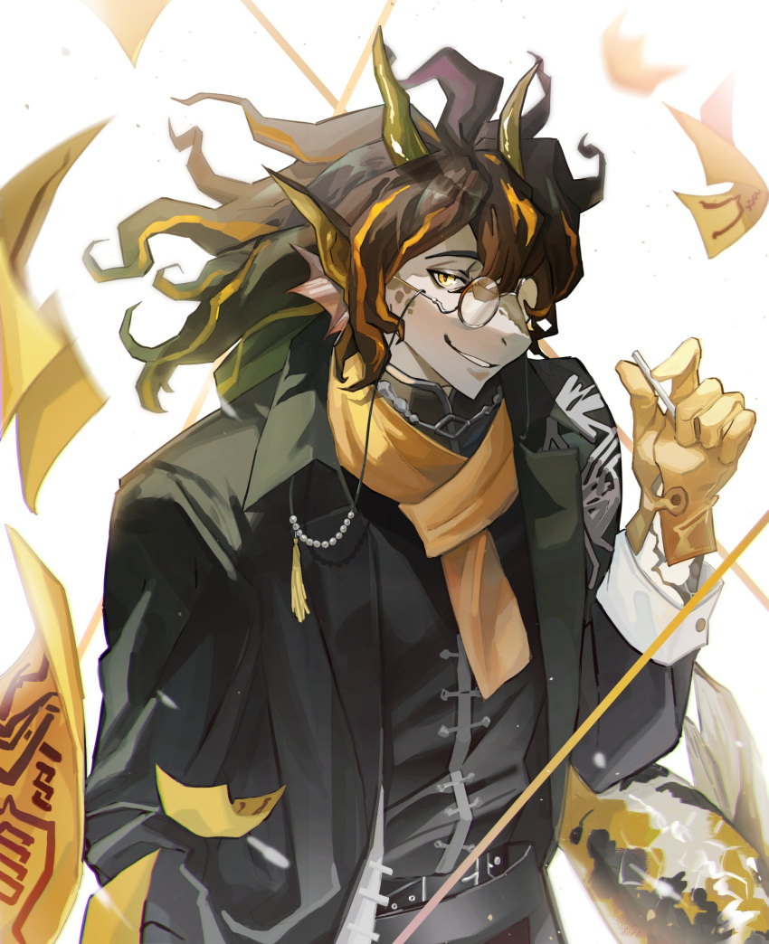 1boy, arknights, black_hair, chinese_clothes, cigarette, fins, gloves, hagrang, highres, horns, jewelry, kanji, koi, lee_(arknights), long_hair, male_focus, necklace, scarf, simple_background, solo, white_background, yellow_gloves